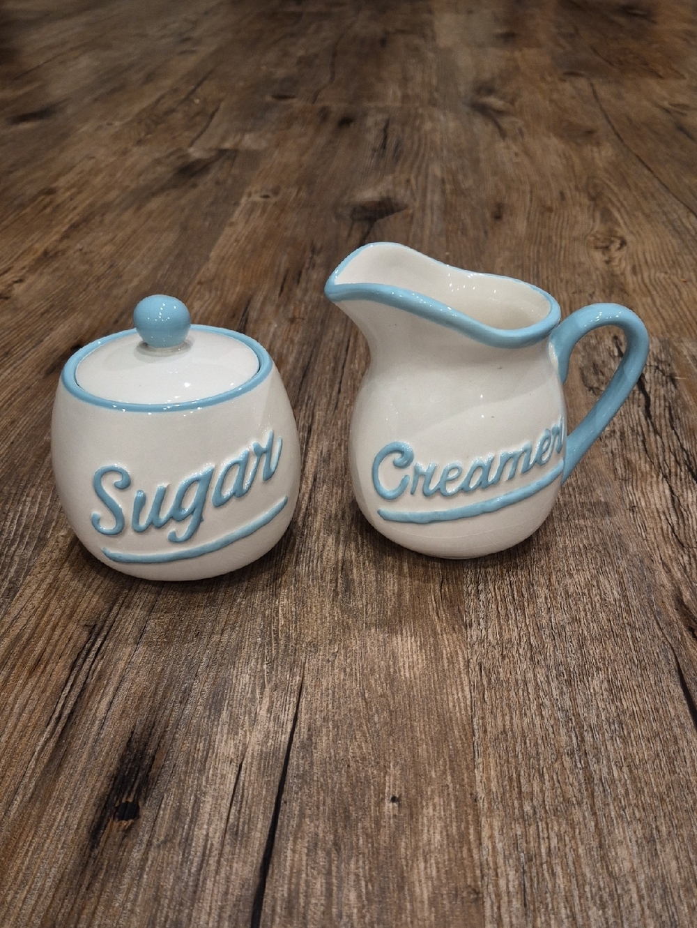 White and Light Blue Ceramic Sugar Jar and Creamer Set - Serveware